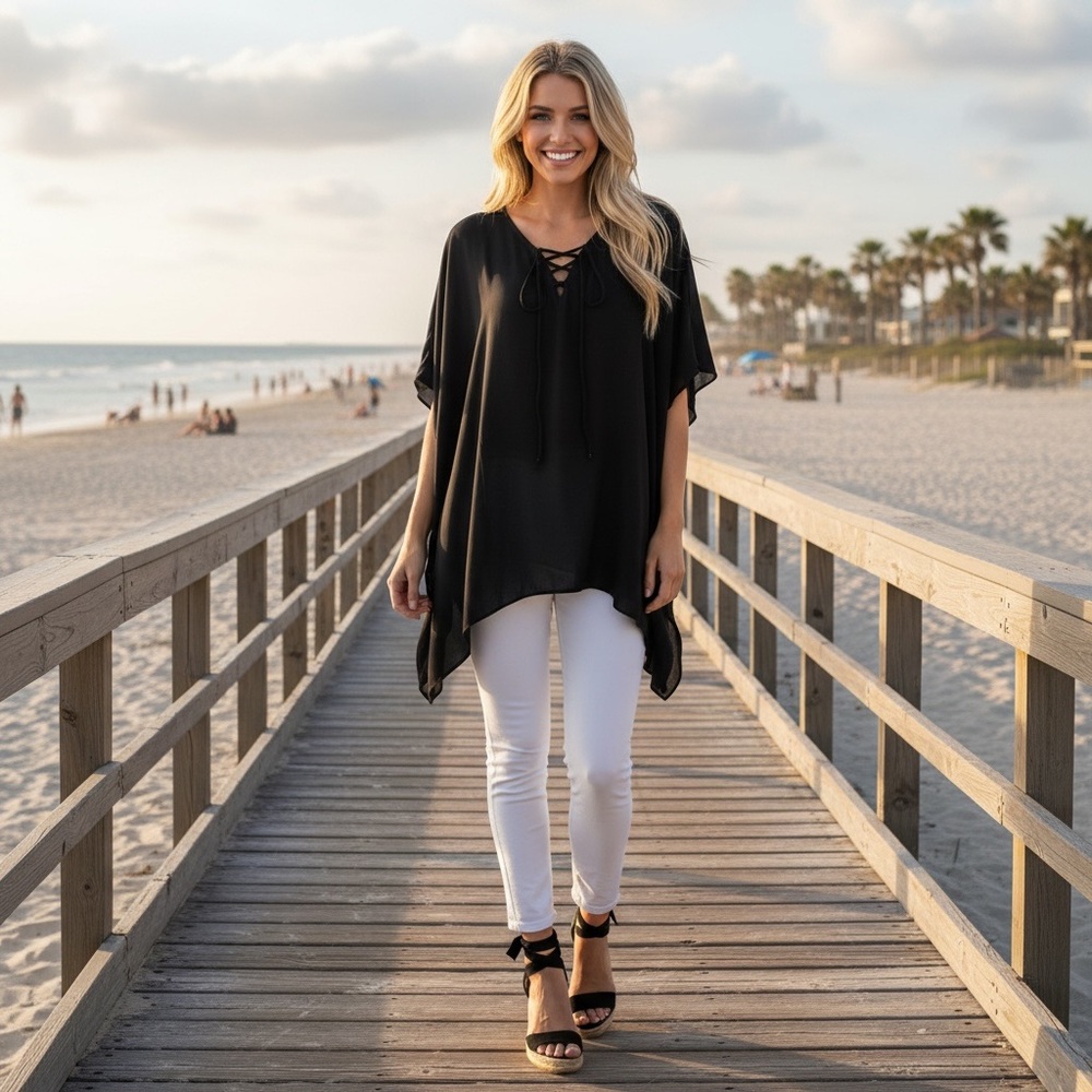 NWT‎ Three Eighty Two (REVOLVE) Black Crepe Tunic Blouse Top Dolman Sleeves